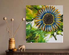 Sculpted Sunflower Painting/Blue And Yellow Flower Art/12 X 12