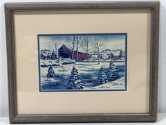 Original Painting of Red Barn Snow Covered Landscape Signed 15” X 12” Must See