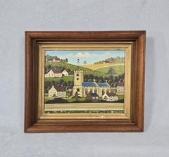 Vintage Oil Painting Signed R Lyuins Church Folk Art Landscape 8×10 Original