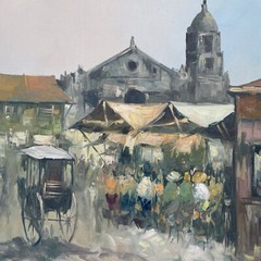 Orig1970CESAR BUENAVENTURA OIL PAINTING 37″FILIPINO IMPRESSIONISM STREET SCENE