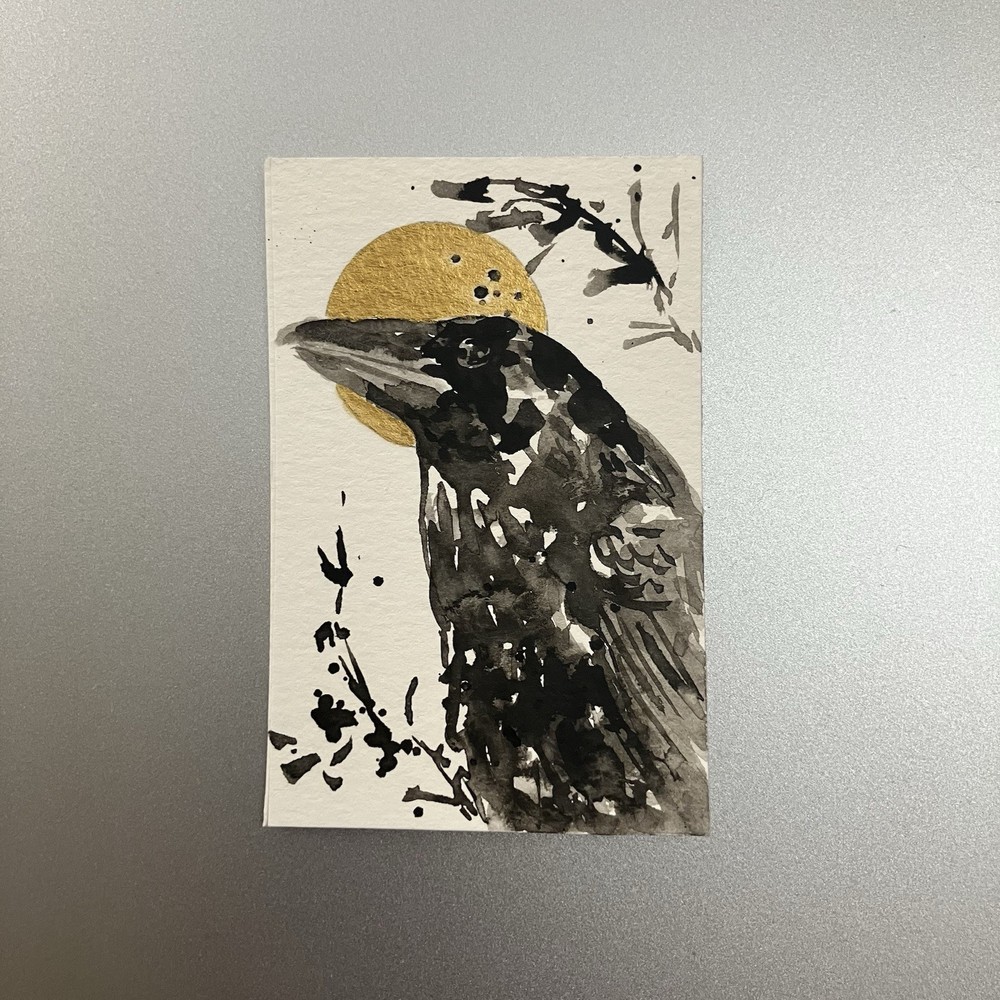 Original Crow Sunset Painting realism Miniature Sumi-e Gold Ink Raven Art Ettina