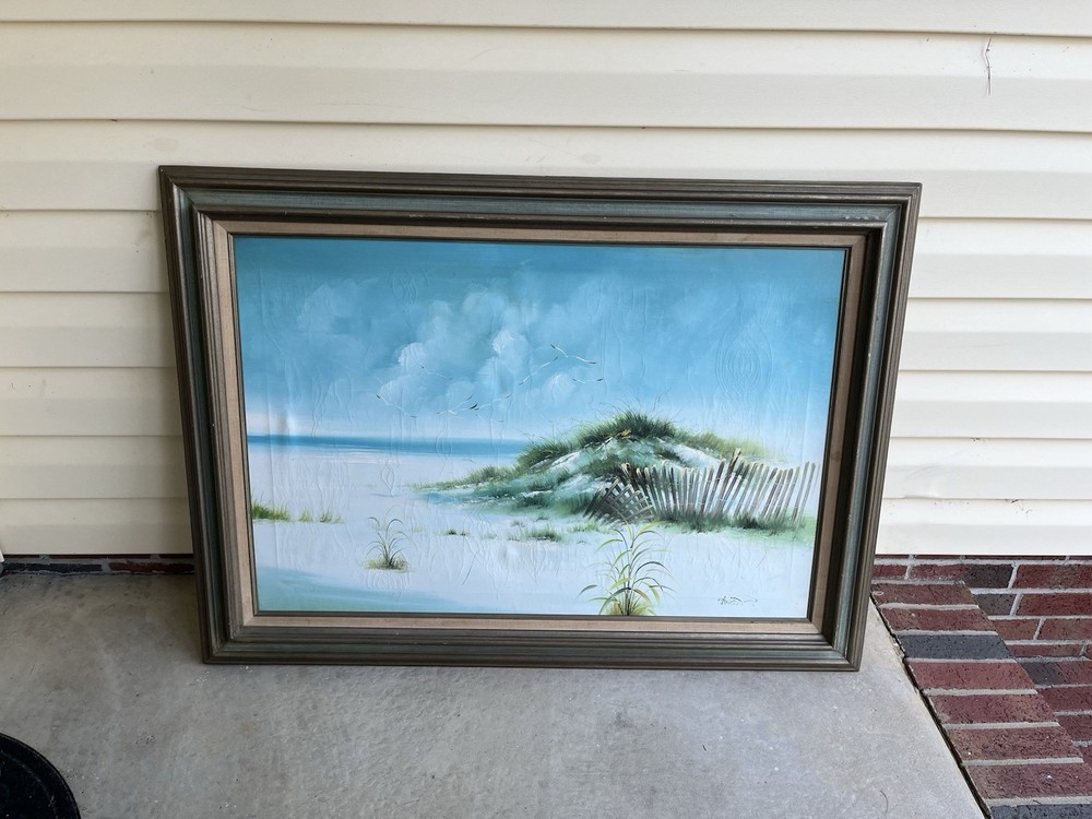 Vtg Coastal Landscape Oil Painting Beach Waves Dunes Seagulls Signed Framed