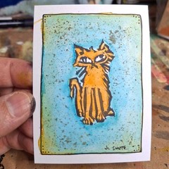 Original ACEO Orange Cat 2.5×3.5 Hand Enhanced Block Lino Print
