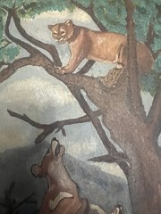 Orig. Vintage Western Hunting Painting Hunter Cowboy Bobcat Cougar Hunting Dogs