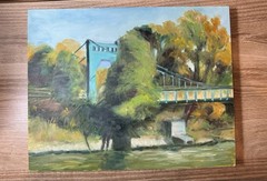 Original Oil Impressionist Painting: Suspension Bridge/ River 11” X 14”: Framed