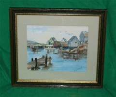 VTG WATER COLOR PAINTING OCEAN FISHING WHARF FISHERMAN BOAT DOCK ONTARIO CANADA