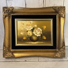 Vtg Floral Oil Painting Ornate Gold & Black Velvet Frame Flowers In Vase 11″×9″