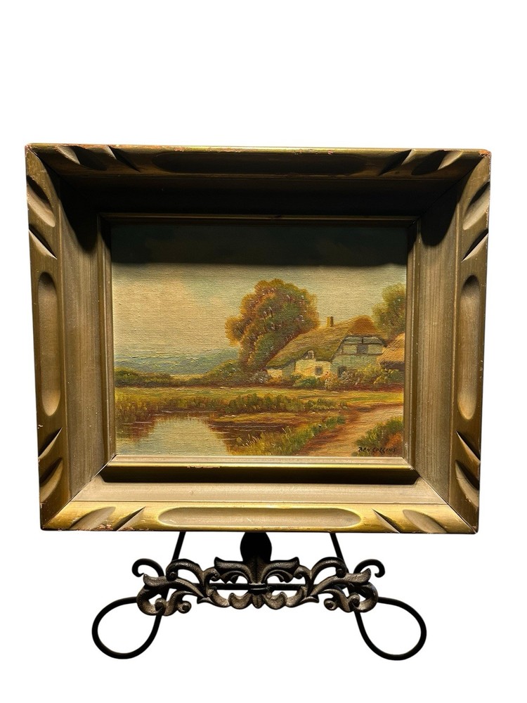 Ben Collins signed landscape painting thatched cottage gold frame