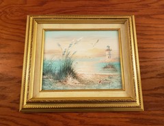 Oil Painting Seascape Lighthouse Beach Scene House Framed Vintage K Cummings