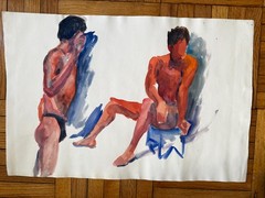 Vintage Watercolor Study Man Men Two Poses Peter Feldman Gay Int 15 x 22