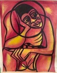 abstract oil painting on canvas background 13″ wide x 15.5″ long. Earth-tone col