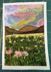 Painting M. Hackney Landscape Flowers Watercolor & Ink, Signed, Original, 4×6″