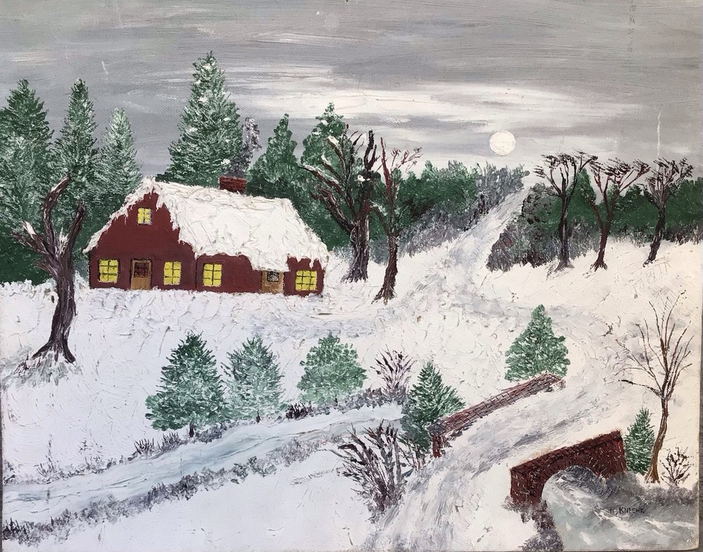 American mid 20thc Vintage Oil Painting Naïve Folk Art Winter Landscape 20×16