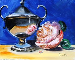 VINTAGE silver sugar bowl and pink rose Oil Painting 8x10in Demenko