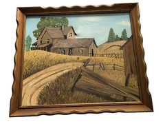 Vintage homestead in the country oil on canvas signed & scallopped edge frame