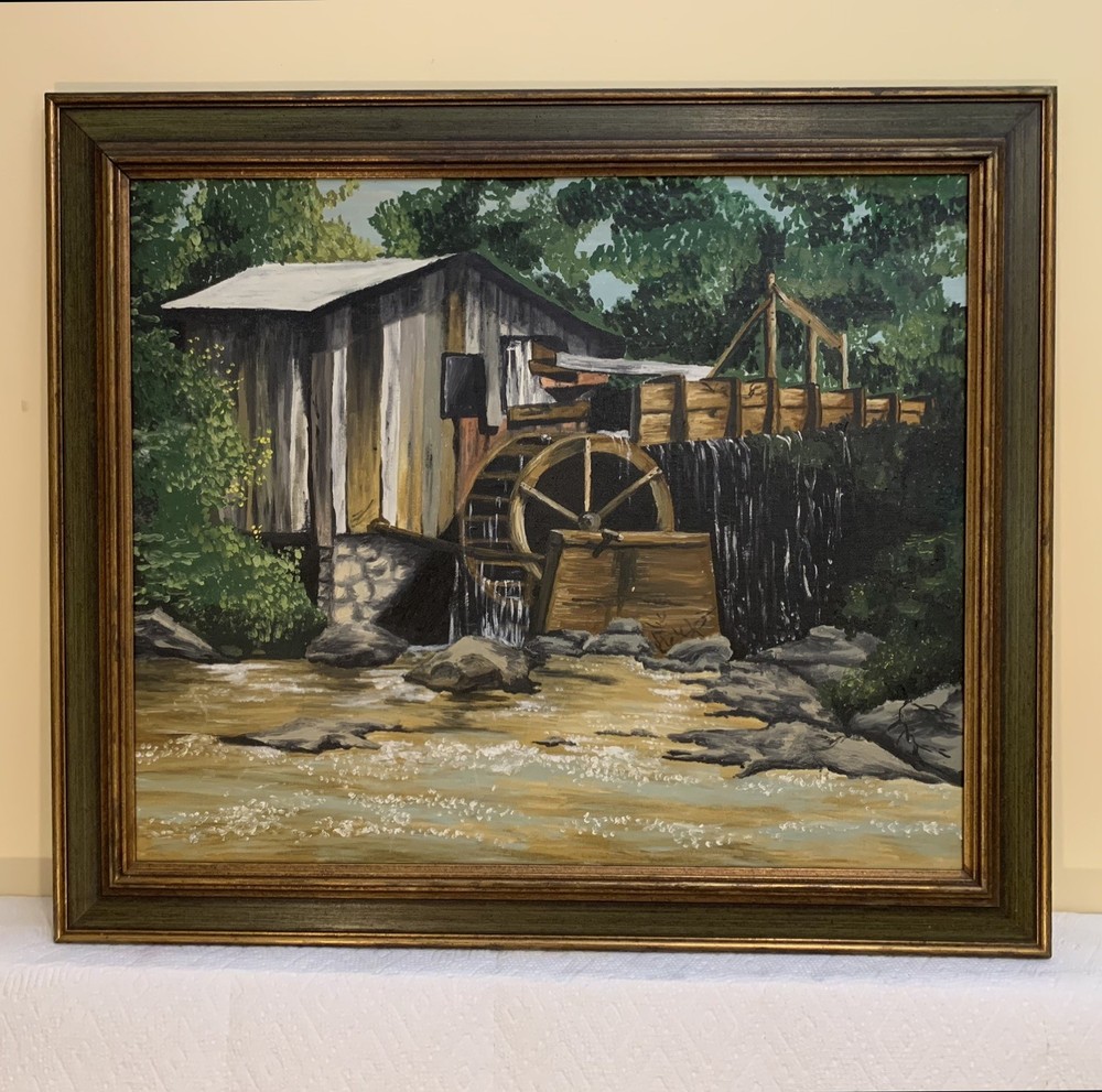 Vintage Oil Painting 1950’s Rustic Grist Mill landscape, framed 24.5″x28.5″