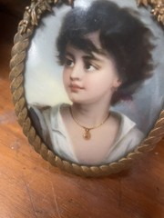 19th C Miniature Enamel Painting Portrait Neapolitan Gypsy Fisher Boy Brass