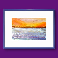 Lakescape At Sunset Original Impressionist Watercolor 5×7 Cotton Artist Signed