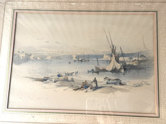 Antique Watercolor After David Roberts Coastal Harbor Boats Fishermen Framed