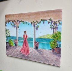 Art 16″/12″ Balcony view. Original oil painting Stretched Canvas