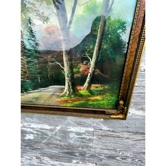 Antique Large Pastel Chalk Painting Mountain Lake Scene Gold Frame 32.5×20.5″