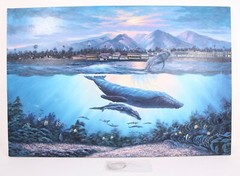 Surreal Whales Ocean Night Coastal Village Signed J.H. CHO Art Painting