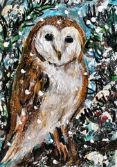 ORIGINAL Barn OWL ACEO PAINTING Autumn Snow BIRD Animal Nature ATC Kasheta ART