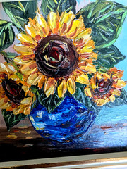 SUNFLOWERS Original OIL Impasto PAINTING Impressionism by Olga Diduh Framed