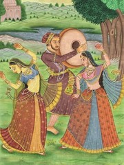 Indian Art Painting A Musician With Dancing Women Fine Art On Paper 6×9.5 Inches
