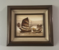 P.WONG Original Oil Painting On Canvas Framed Sea Nautical Junk Signed Deep Fram