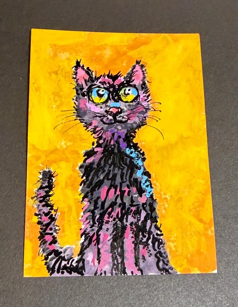 ACEO Original, cat, bright colors, watercolor & acrylic, painting, Patty Ewing