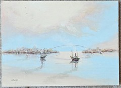 Hand Signed Original Painting Nautical Sailboats in Harbor on Board sailing art