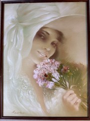 Vintage Maurice Portrait Oil Painting Woman Hat Flowers Ornate Framed 17×21
