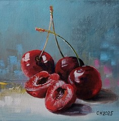 Mini Cherry Oil Painting – Original Still Life Art 10×10 cm