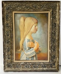 Antonio Bueno; 20thC Modernist Oil “Young Girl” Signed w/Gallery Label