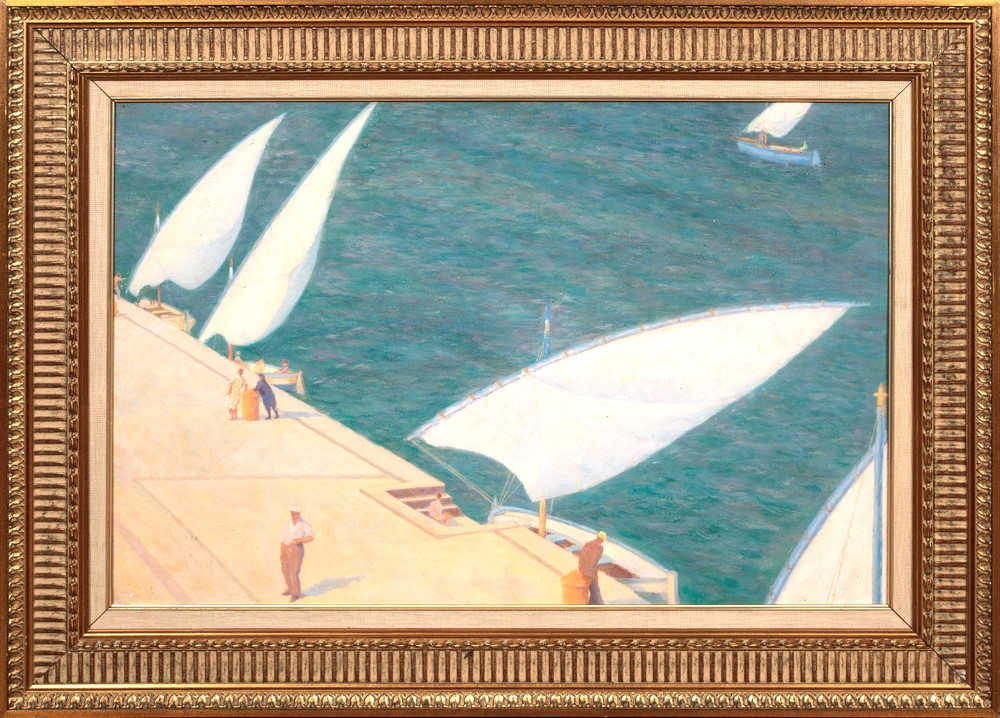Large circa 1950 The Harbour Brindisi, Italy by Hubert Arthur Finney (1905-1991)