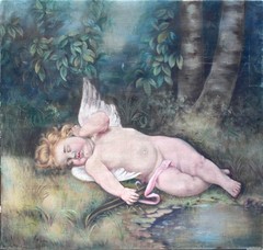 1913 Large Original Oil Painting – Sleeping Cupid – after Leon Perrault – 40×38