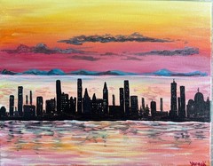 Original City Skyline Sunset Painting Modern Landscape Canvas Wall Art