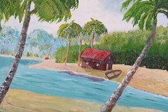 Vintage Caribbean Palm Trees Landscape Oil Painting Signed Barnes