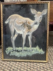 Vintage Mid-Century Modern Hand-Painted Silk Deer Painting 1950s MCM Gold Frame