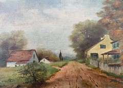 c1860 Antique Oil Painting Landscape American School Victorian Town