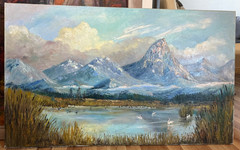 D EDGAR NEW MEXICO ARTIST VINTAGE MOUNTAIN LANDSCAPE OIL PAINTING 24″ X 40″ 50’S