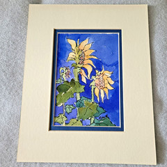 Sunflowers Watercolor Pen & Ink Painting 8″X10″ Double Beveled Mat Signed