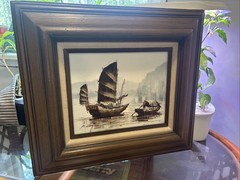 Vintage P. Wong Signed Sail Boats Oil Canvas Painting Hand Carved Frame