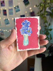 Original ACEO Blue Flowers Vase Fuchsia Pink Background Art Card 2.5×3.5