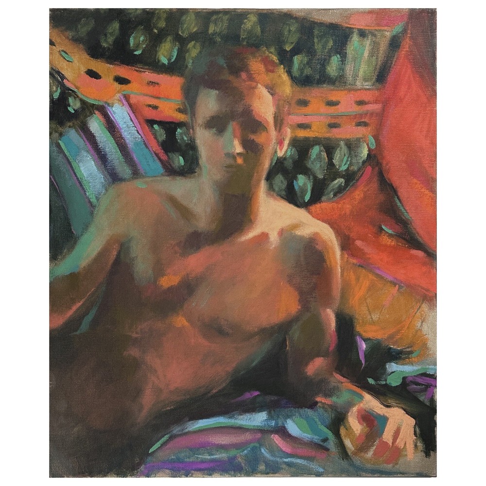 Vintage Expressionist Fauvist Portrait of Reclining Nude Male (Oil on Canvas)