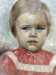 Oil Painting Portrait Of A Little Girl In A Red Dress With Blue Eyes K. Uvar
