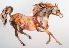 Original watercolor painting,equine,Horse running art burnt orange teal, blue