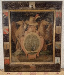 Antique German Coat Of Arms Panel Oil Painting 18th C. Peacock Griffins Unicorn