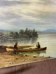 Antique Landscape Oil Painting Men In Canoe Lake Signed L Carter
